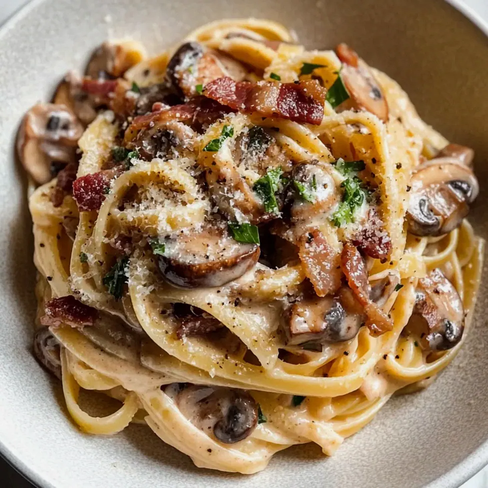 Cremige Putenspeck- und Pilz-Pasta für Zuhause