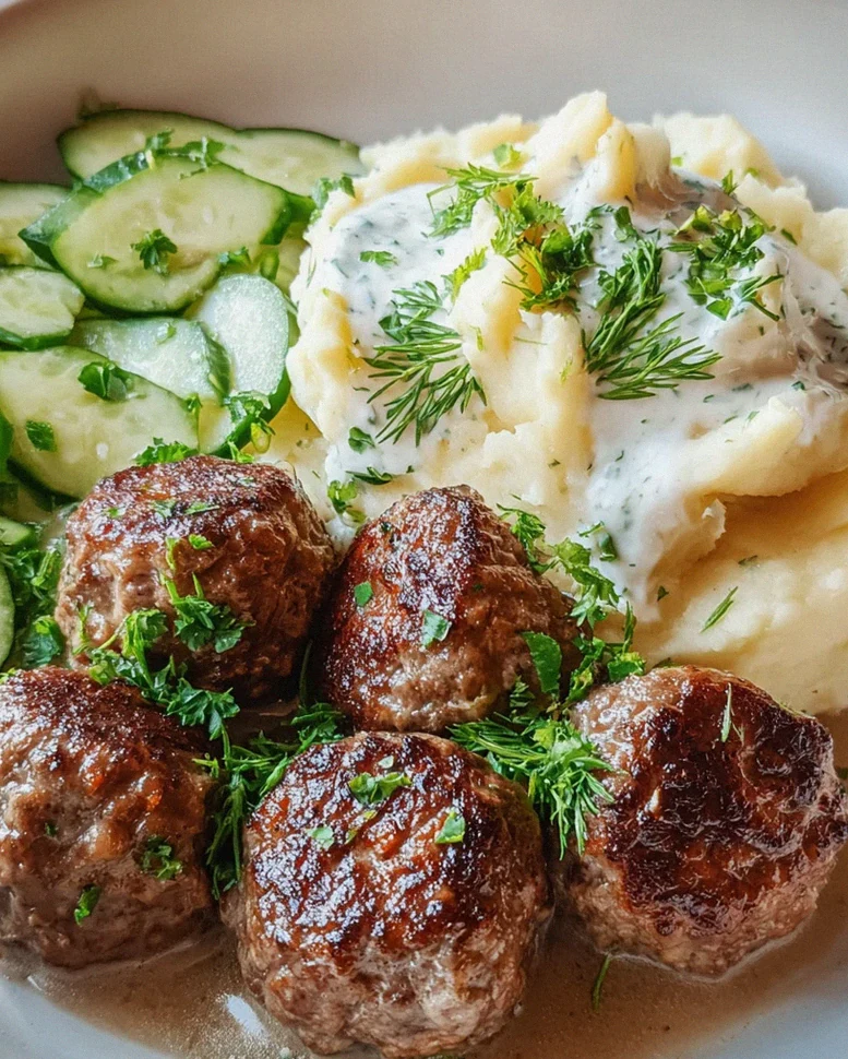 Fleischbällchen mit Gurkensalat und Kartoffelstampf